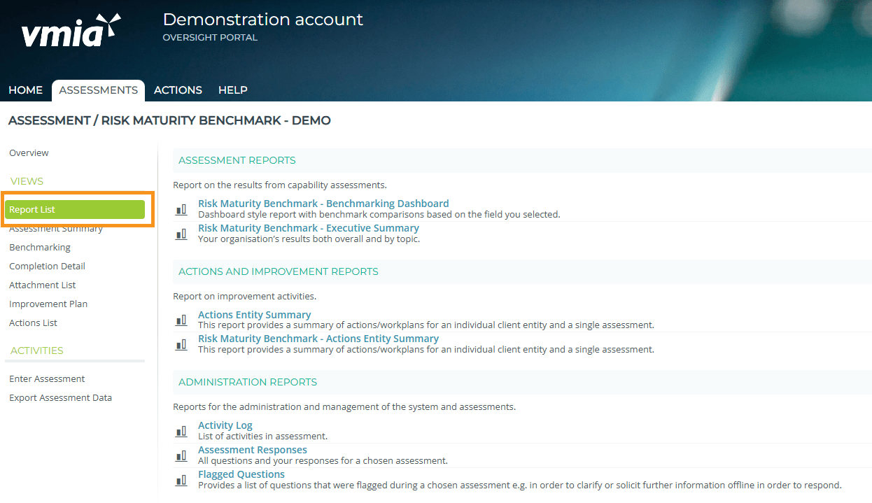 Risk Maturity Benchmark - Review your results - report list